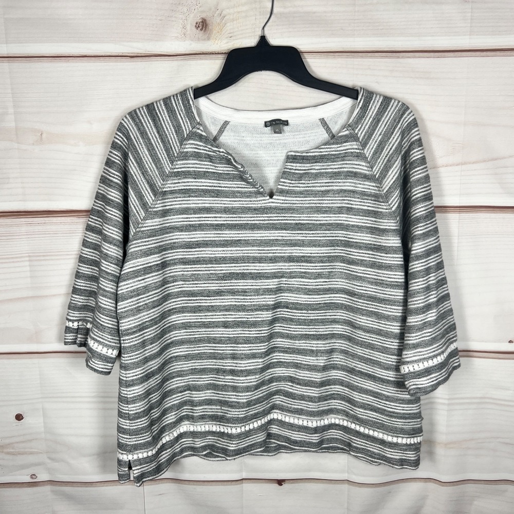 T By Talbots Top Womens XL Gray Stripe Blouse Terry Knit 3/4 Sleeve Split Neck